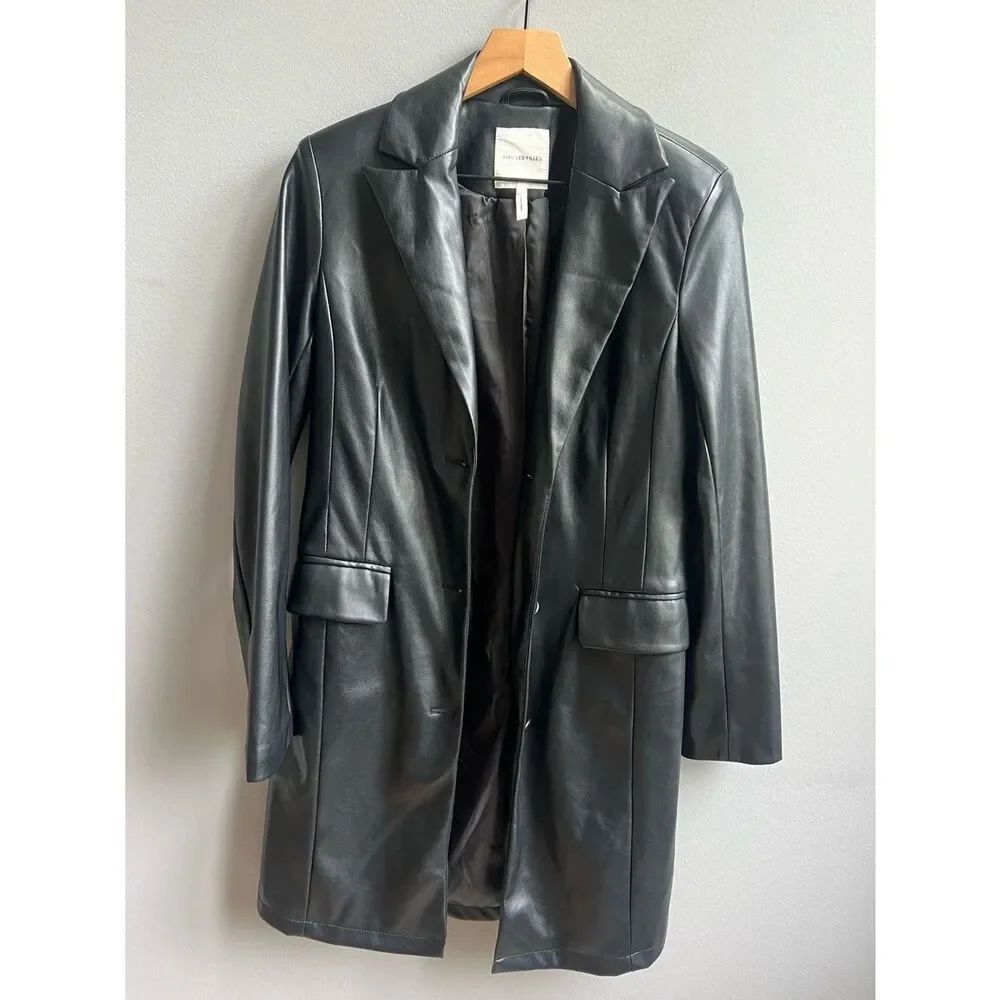 Avec Les Filles Black Faux Leather Long Blazer Jacket Button Down Coat XS